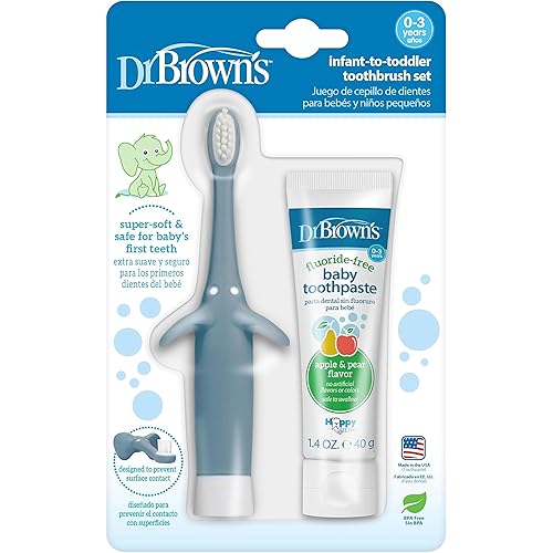 Miniatura 2 de Dr. Brown's Juego de cepillos de dientes de entrenamiento para bebés a niños pequeños, elefante azul y juego de cepillo de dientes y pasta de