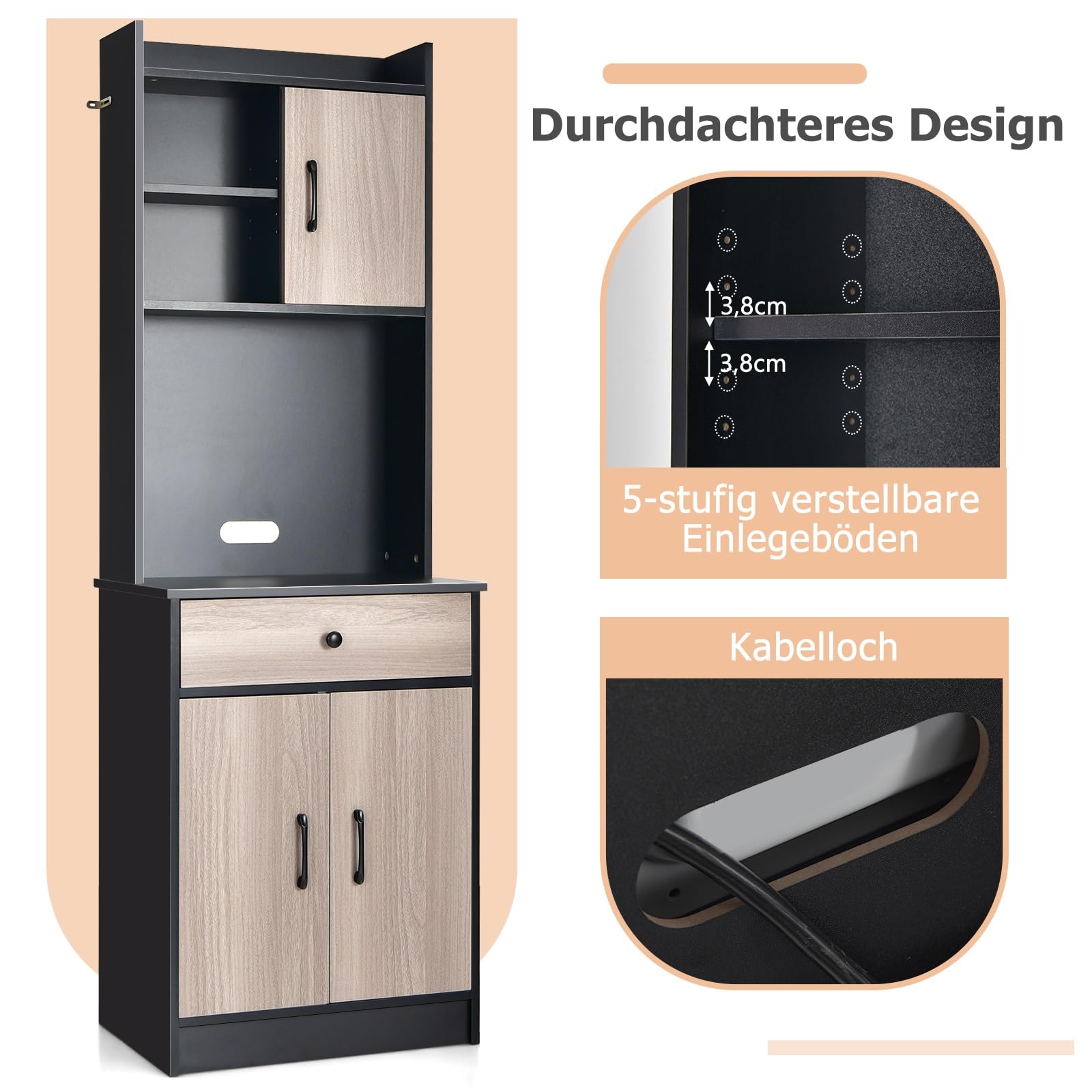 GIANTEX Küchenschrank Buffetschrank Küche, Mehrzweckschrank 60cm Breit, Mikrowellenschrank Hoch 180cm, Aufbewahrungsschrank mit Schublade & verstellbaren Einlegeböden, Hochschrank mit Kippsicherung