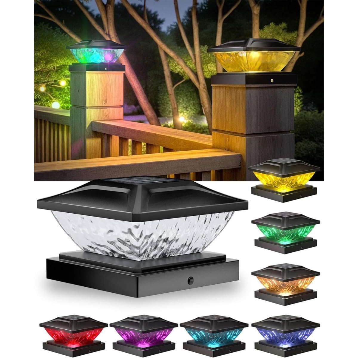 enjoydeal Solar Fence Post Lights,Outdoor Waterproof RGB Multicolor Solar Deck Post Cap Light with Two Modes Fit for 4x4 5x5 Posts (Black,8)