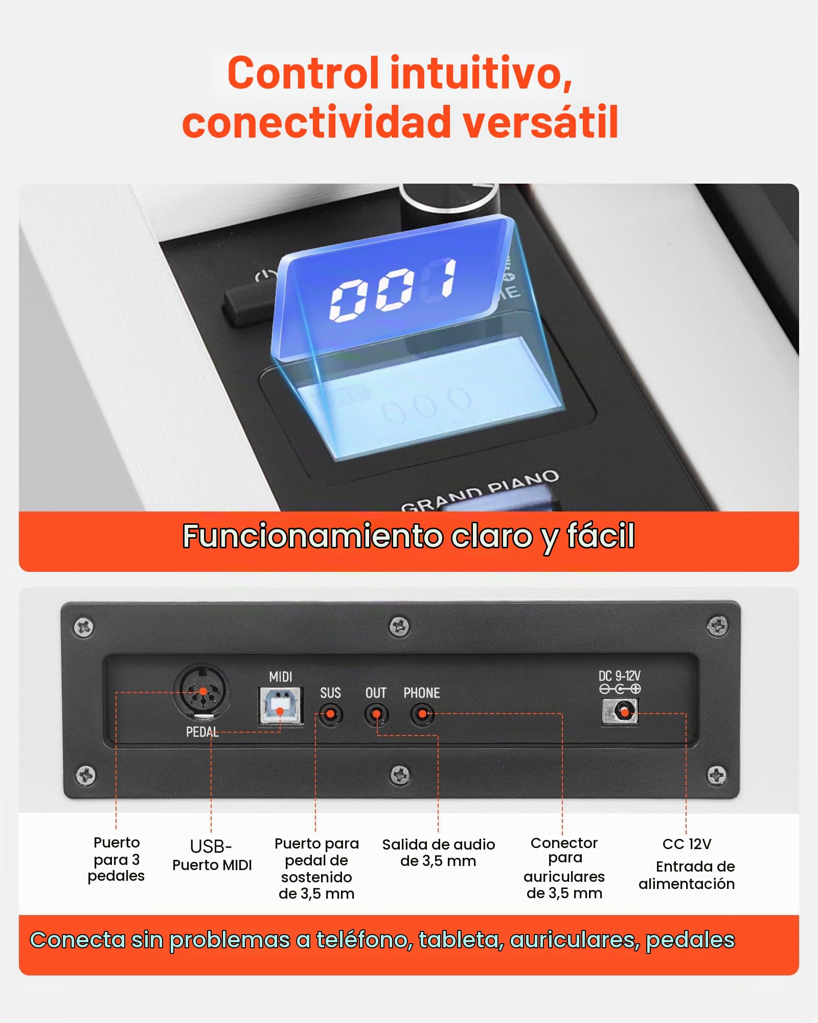 VEVOR Piano Digital 88 Teclas, Modo de Teclado Dual, Altavoces, con Atril, Soporte, Pedal de Sostenido, Adaptador CC, 280 Tonos, Conexión Inalámbrica, Principiantes, Blanco, 1310 x 300 x 850 mm