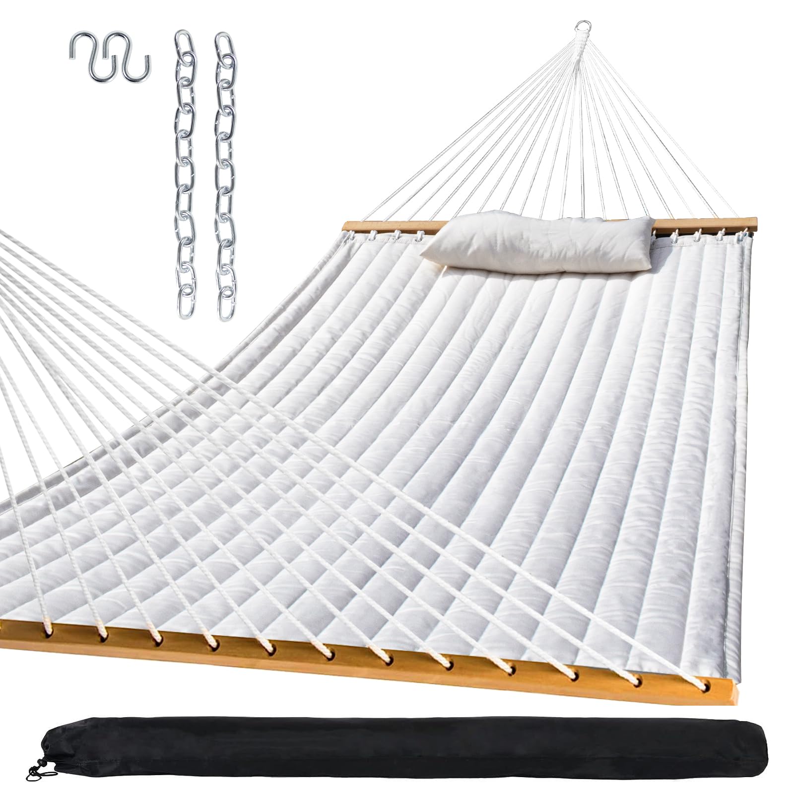SZHLUX Outdoor Quilted Fabric Hammock with Spreader Bars and Detachable Pillow and Chains,Outdoor Patio Backyard Poolside, 450 LBS Weight Capacity, White