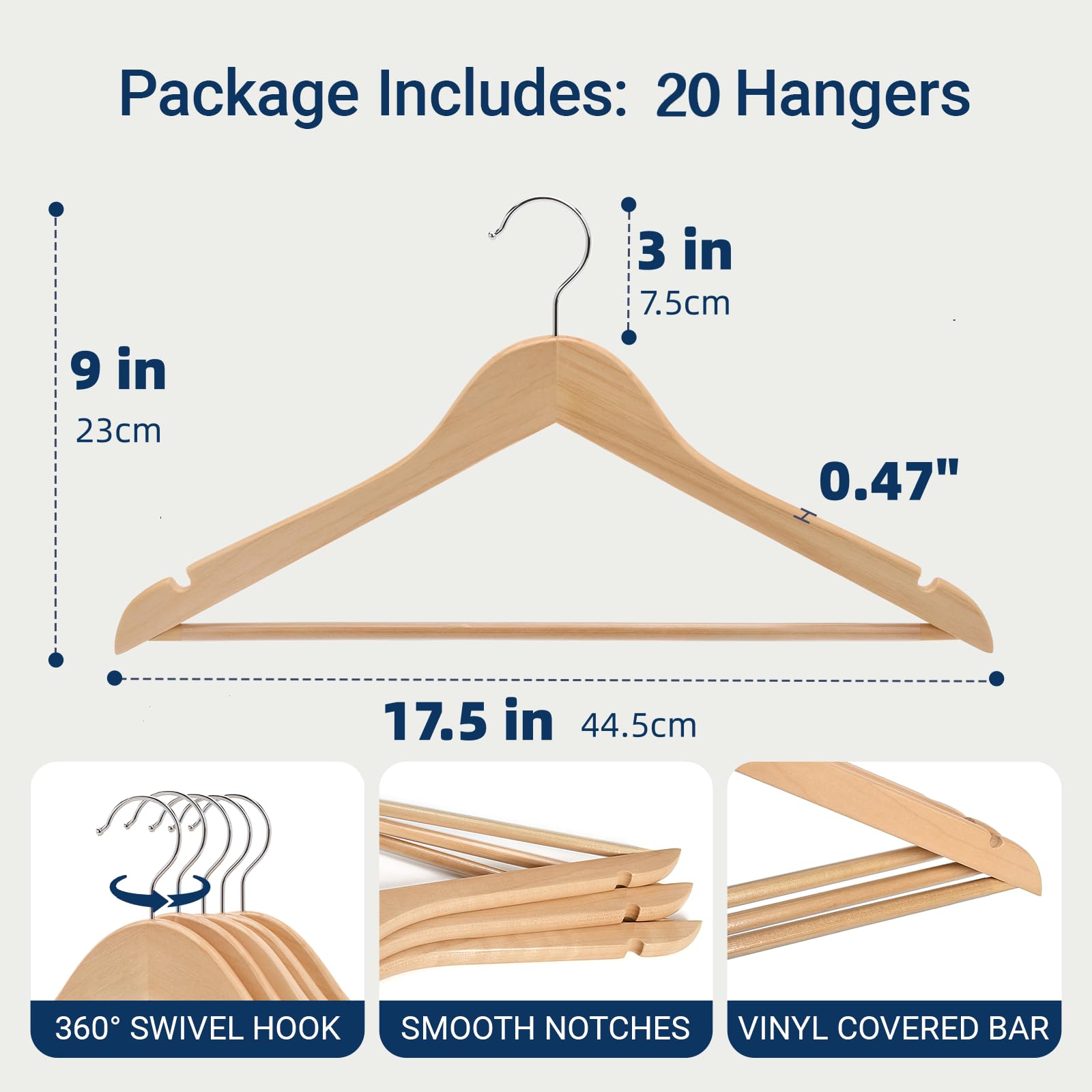 Amber Home Perchas de Madera Maciza, Paquete de 20 Perchas de Madera Suave con Acabado Natural con Barra Antideslizante para Pantalones, Perchas de Ropa con Gancho Giratorio de 360 Grados y Muescas