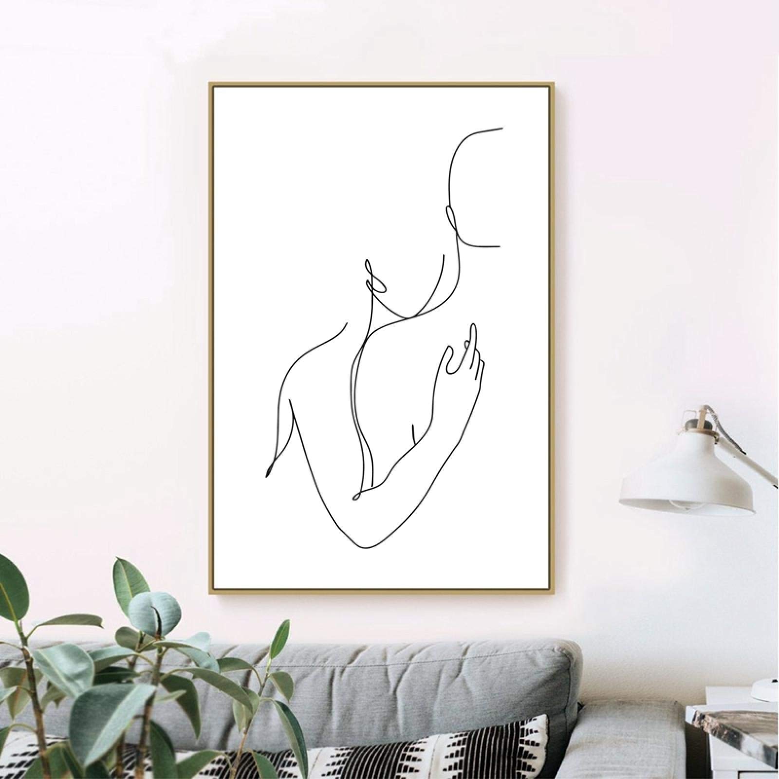 Peinture chambre couple abstrait au trait noir et blanc pour une décoration murale de salon épurée