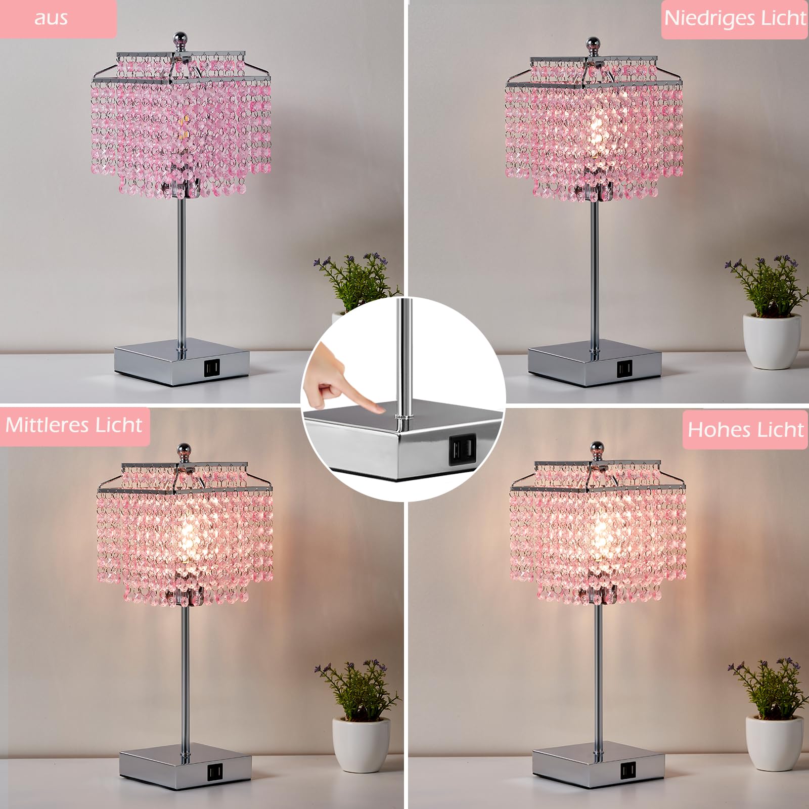 GyroVu Kristall Tischlampe, Rosa Dimmbare Touch Nachttischlampe mit Ladefunktion USB A+C-Anschlüssen Steckdosen, Kleine KristallLampe für Wohnzimmer Schlafzimmer Mädchenzimmer (Inklusive Glühbirne)