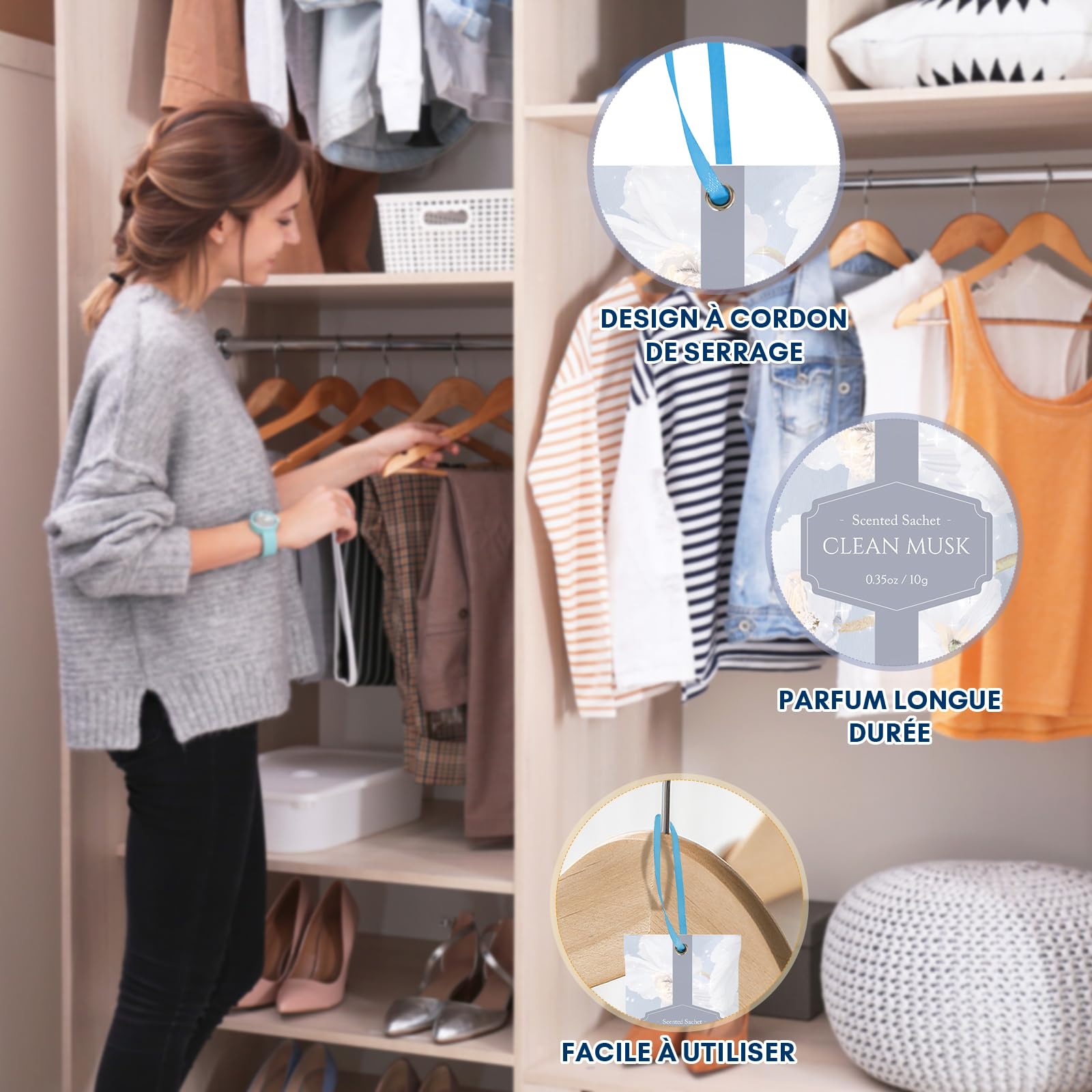 Sachet Parfumé Armoire Musc Propre, 14 Sachets pour Armoire, Placard, Tiroir, Dressing et Linge