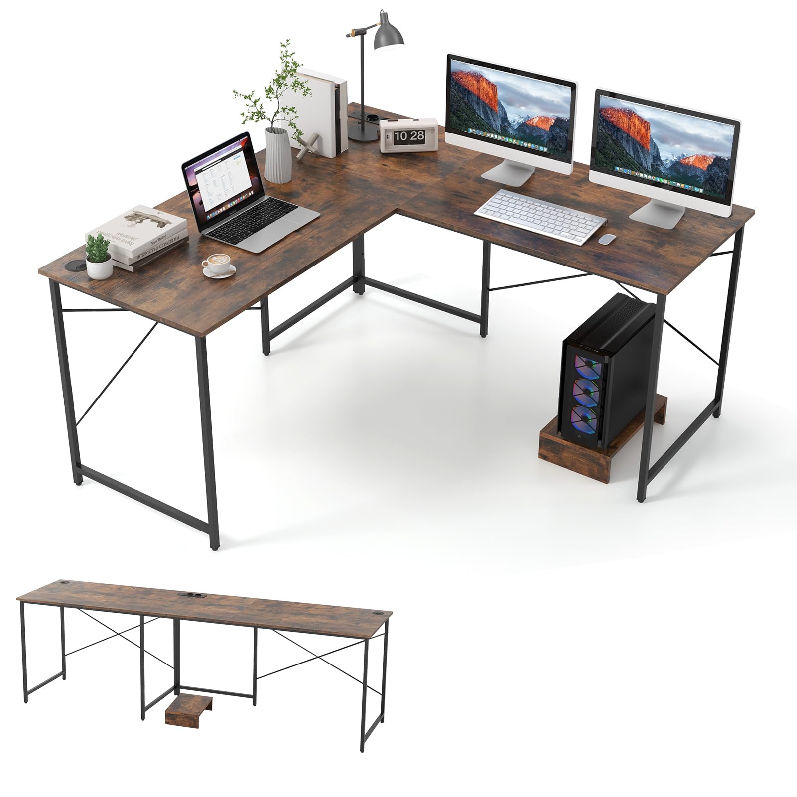 LIFEZEAL Escritorio Reversible con multienchufe en Forma de L, Escritorio Angular de Esquina, Mesa Largo para 2-3 Ordenadores, Estación de Trabajo para Oficina, Estudio (Marrón)