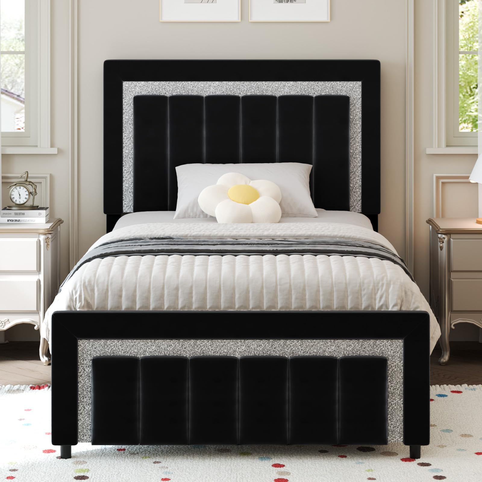 HOMBCK Twin Bed Frames, Twin Size Bed Frame with Diamond Velvet Design Headboard and Footboard, Upholstered Bed Frame with Wooden Slats Support, No