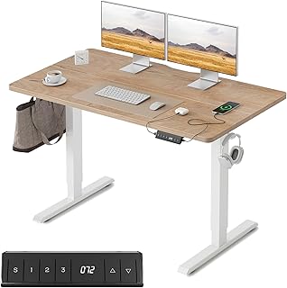 FEZIBO Bureau Électrique Réglable en Hauteur avec Ports de Charge USB-A et USB-C, 100 × 60 cm, Bureau Assis Debout, Ergonomique pour Télétravail, Planche Chêne Blanc