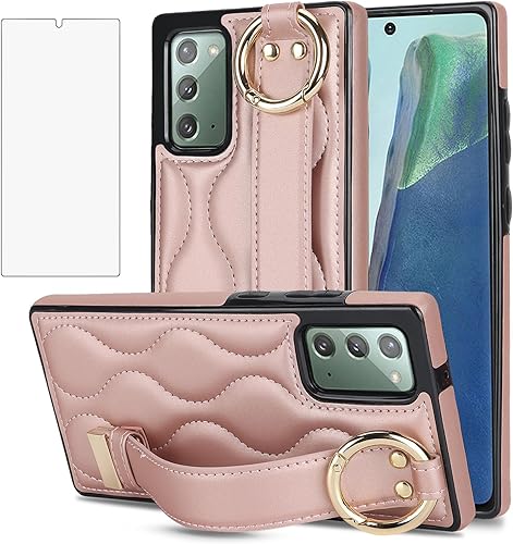 Asuwish Funda de teléfono para Samsung Galaxy Note 20 5G con protector de pantalla y correa para la muñeca, soporte de pulsera, anillo de goma de