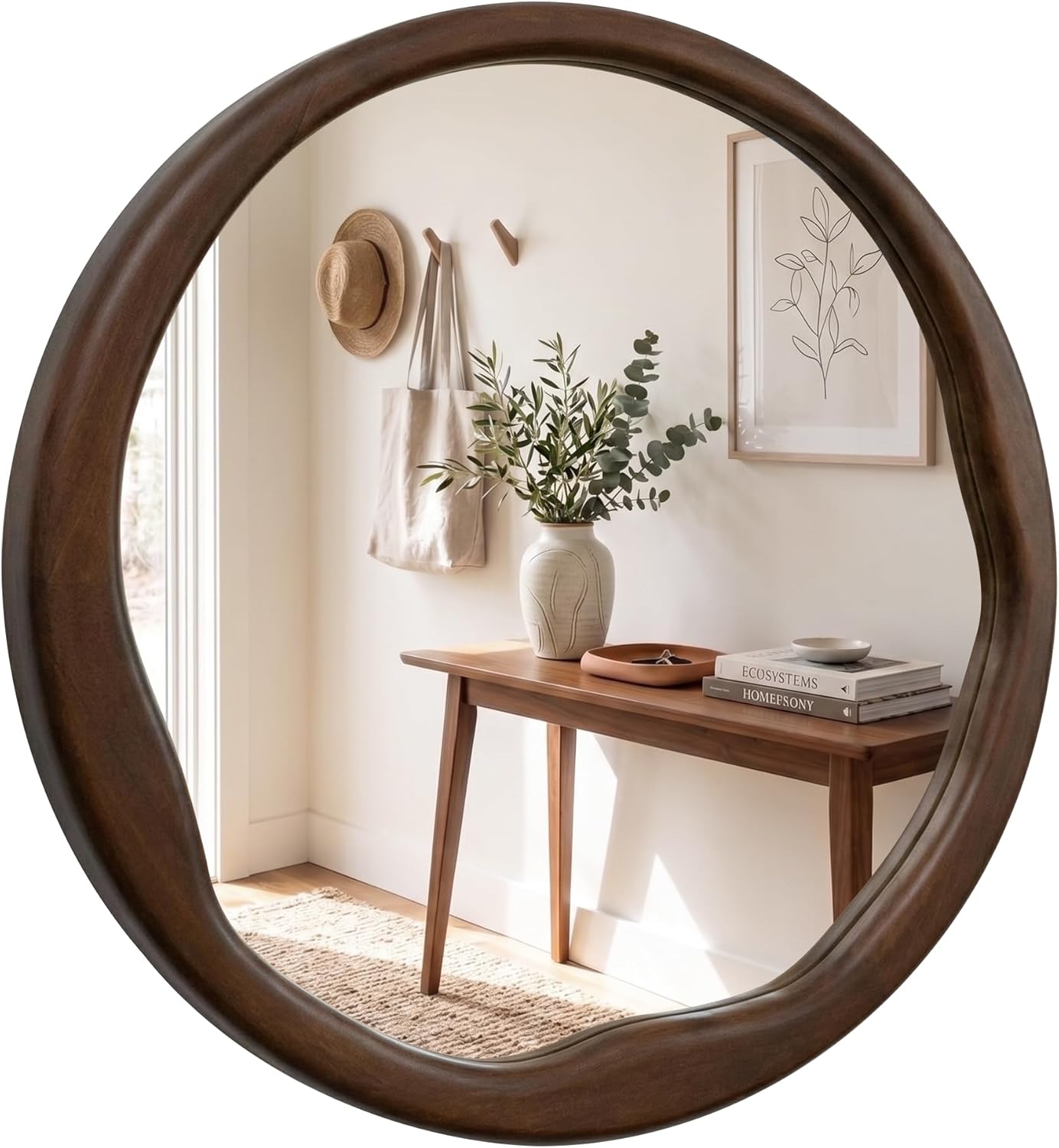 Dark Walnut Round Wall Mirror 24 Inch, Solid Wood Framed Mirror with Asymmetrical Wavy Inner Edge for Entryway, Organic Decor for Hallway & Bathroom