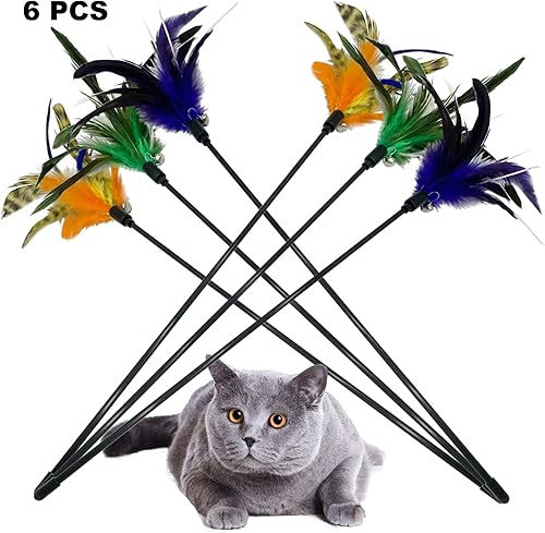 Miniatura 6 de Juguete de varita para gatos, 6 piezas interactivas para gatos, varita de plumas para gatos de interior (C)