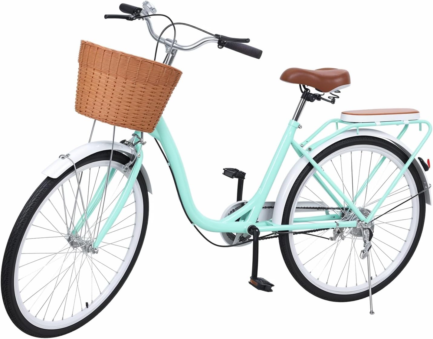 26 inch Cruiser Bike for Women, Commute & Beach Bike with High-Carbon Steel Frame, V Brakes, Adjustable Seat Handlebar, Soft Saddle and Basket, Comfortable Adult Bicycle for Beach, Town