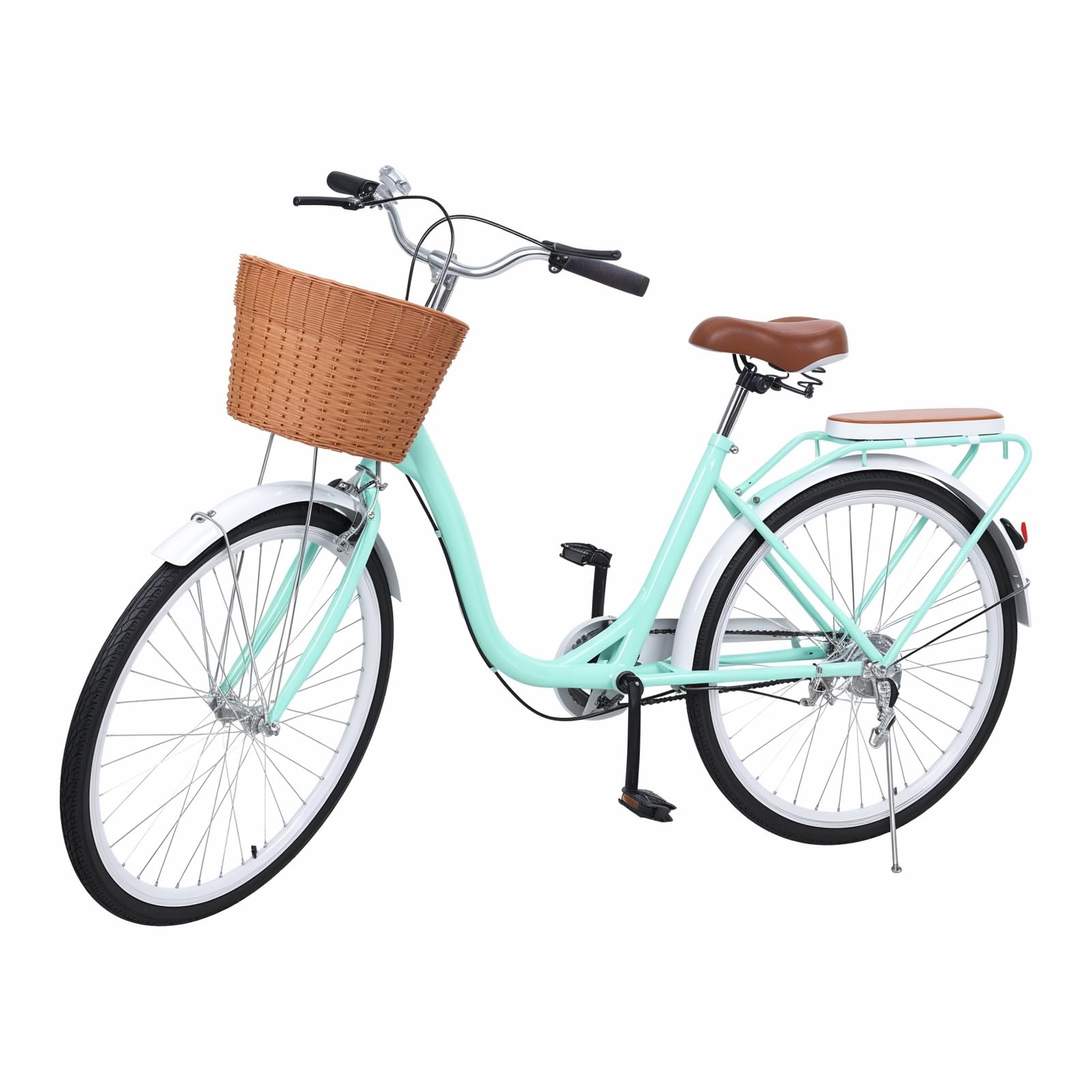 26 inch Cruiser Bike for Women, Commute & Beach Bike with High-Carbon Steel Frame, V Brakes, Adjustable Seat Handlebar, Soft Saddle and Basket, Comfortable Adult Bicycle for Beach, Town