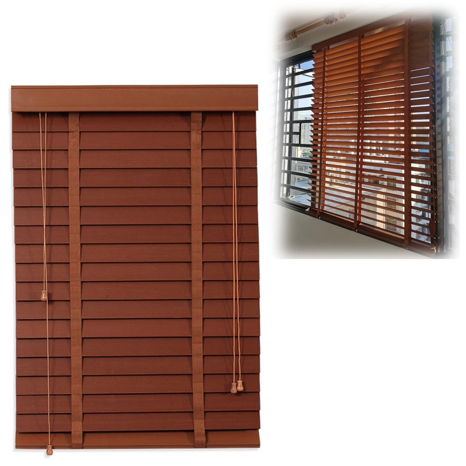 Drewniane żaluzje weneckie premium, 50 mm, odcienie poziome do domu i biura, zasłony zaciemniające z litego drewna, łatwe w montażu, zasłony okienne, 130 x 150 cm (szer. x wys.)