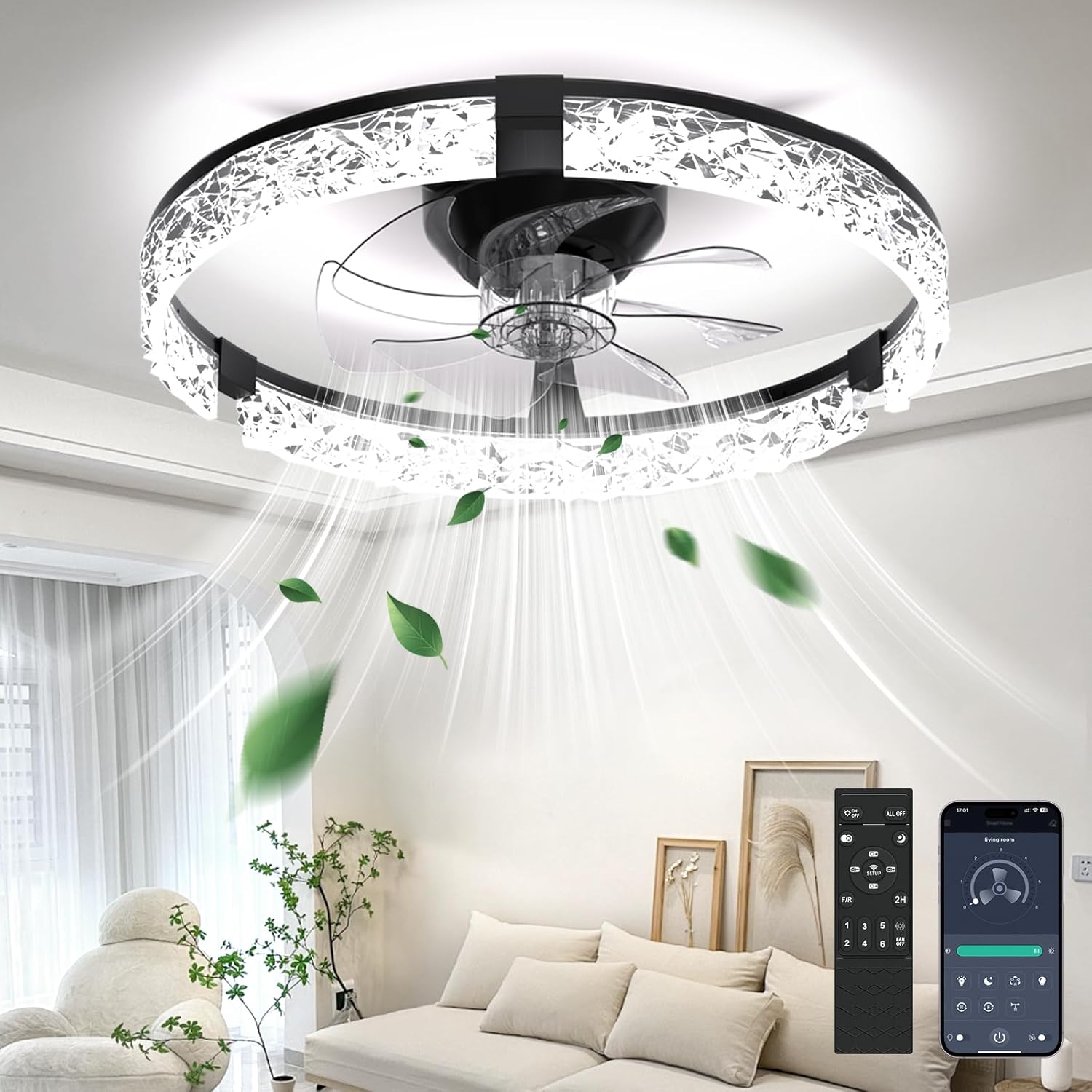 Ceiling Fans with Lights and Remote, Crystal-Edged Modern Flush Mount LED Fan Light, 6 Wind Speeds Low Profile Fandelier Ceiling Fan with Light for Bedroom, 3000-6500K Dimmable (19.7" Black)