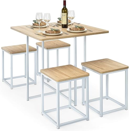 Miniatura 1 de Giantex Juego de mesa de comedor de 5 piezas juego de mesa de cocina industrial con 4 taburetes mesa cuadrada que ahorra espacio y sillas para