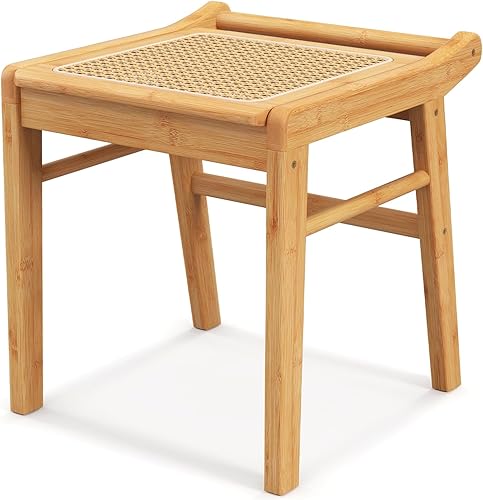 CHARMAID Taburete de tocador, reposapiés otomano de bambú con asiento de ratán, almohadillas antideslizantes, banco de silla de tocador de