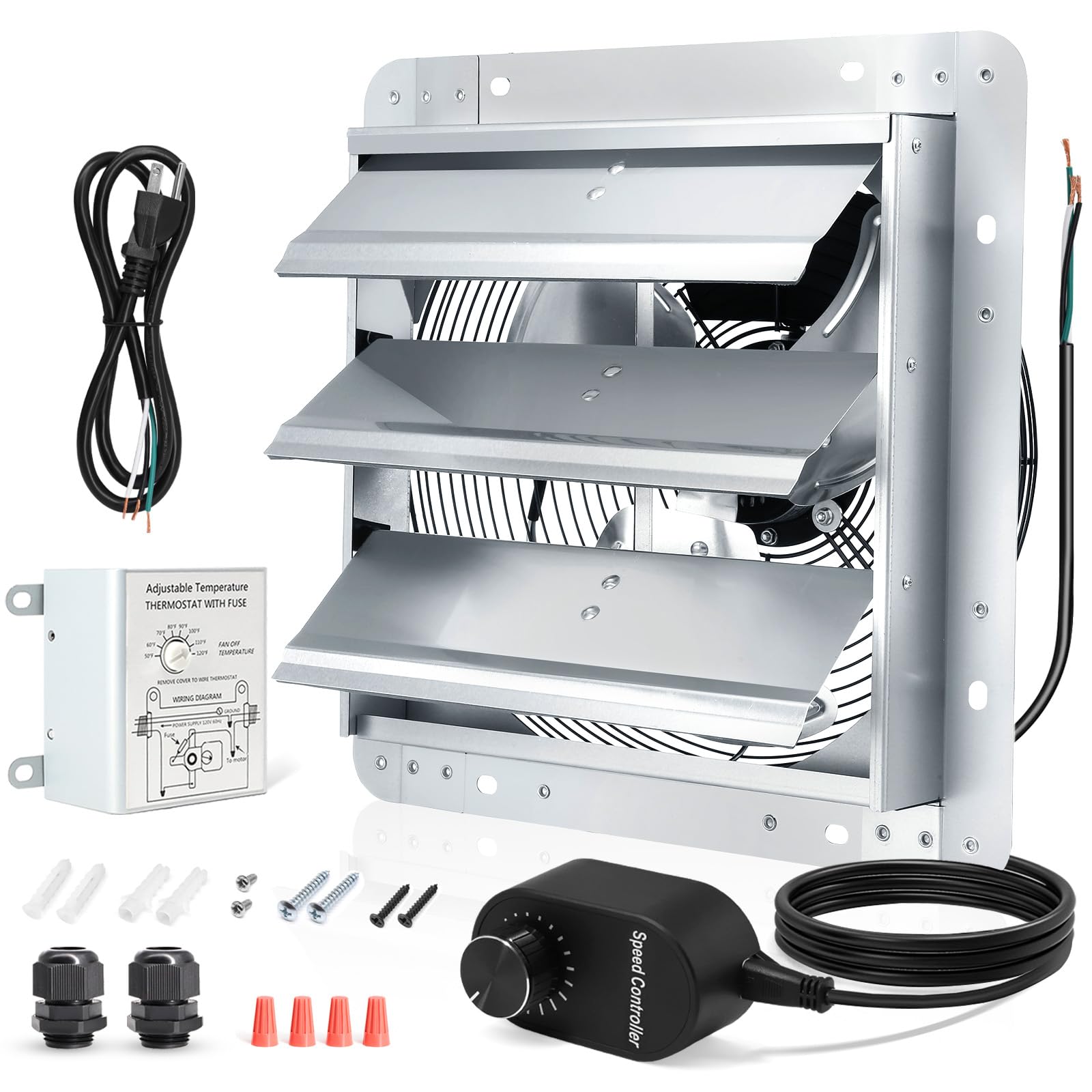 Shutter Exhaust Fan with Thermostat & Speed Control, 1558 CFM,1665 RPM, Upgrade 14 inch Wall Mount Attic Vent Fan for Chicken Coops, Greenhouse, Gable, Barn, Garage, Shed Ventilator