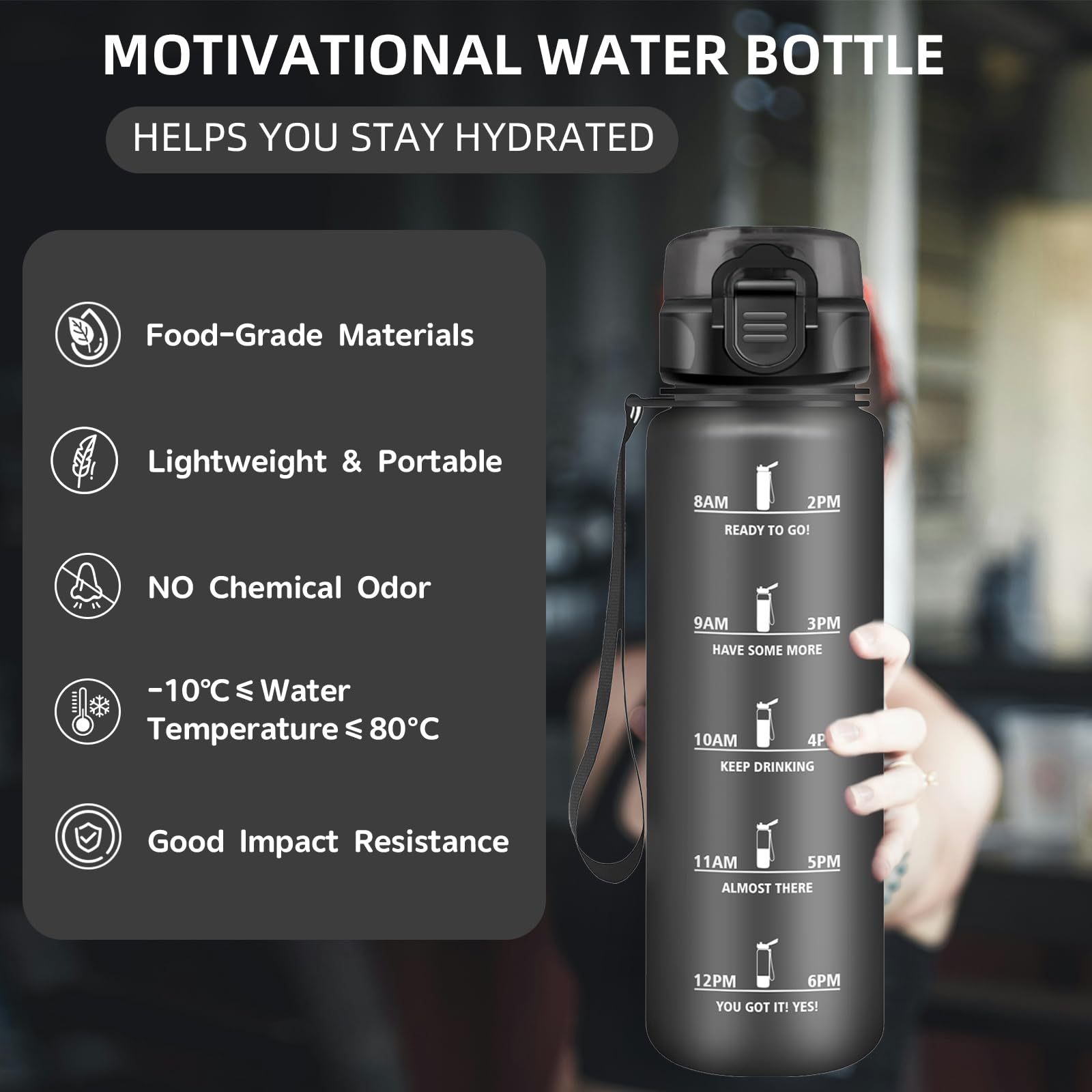 Borraccia Sportiva 1 Litro Motivazionale - Senza Perdite, Con Timer Per Bere, Perfetta Per Palestra, Scuola E Viaggi