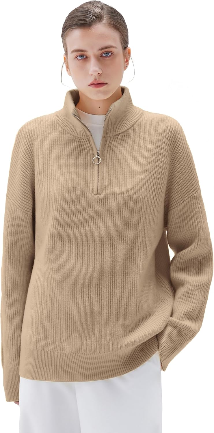 SUUKSESS Women Cashmere Oversized Quarter Zip Pullover Sweater Long Sleeve Collared Ribbed Knit Jumper Tops