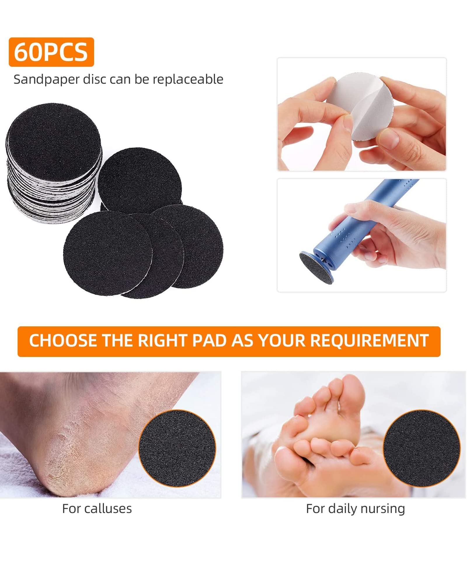Kit di rimozione del callo del Piede Elettrico Portatile Kit per la rimozione del callo del Piede Strumenti per Pedicure per la Cura dei Piedi con 60 tamponi di Ricambio per Pelle secca e s