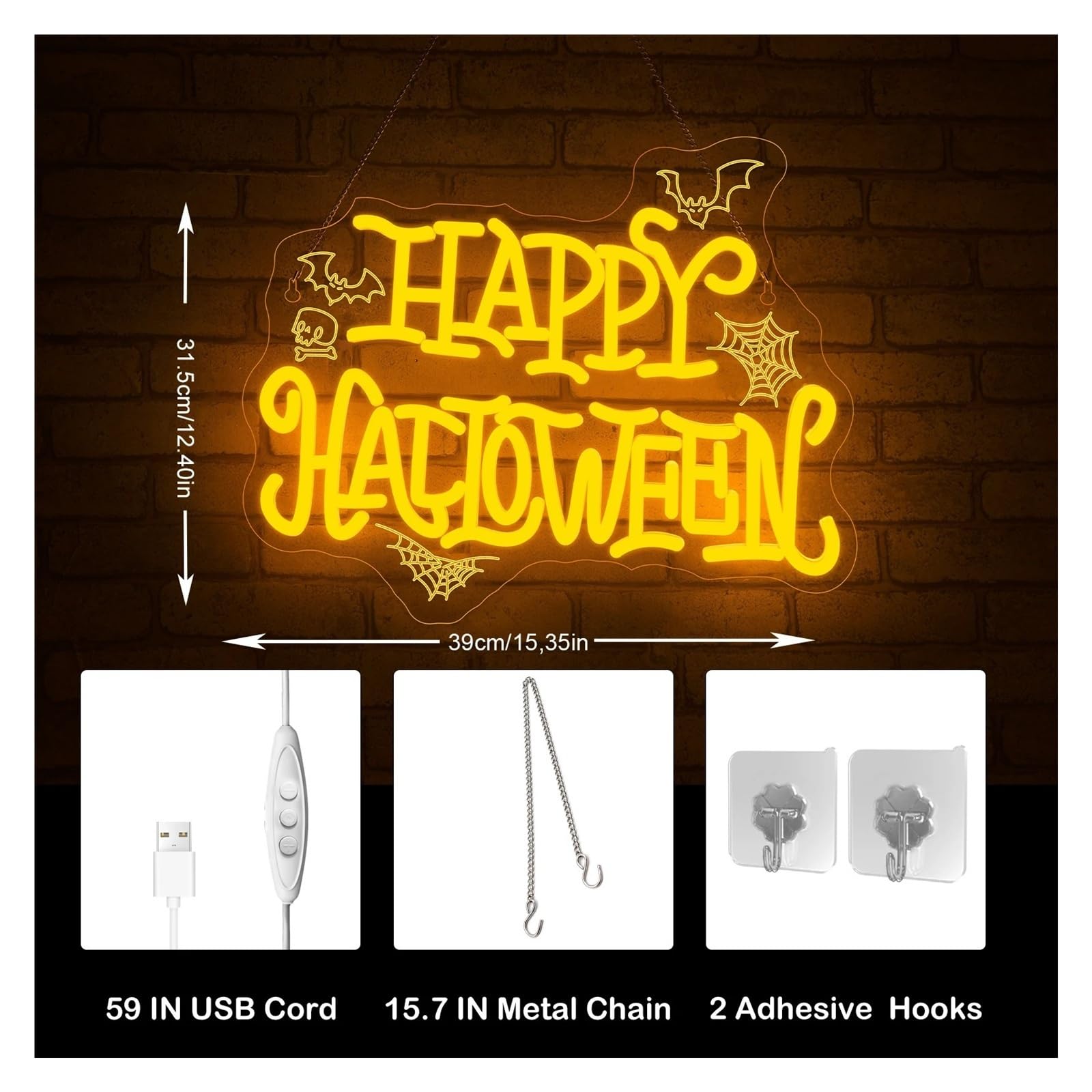 Hängende Kunst-Leuchtreklamen Happy Halloween Leuchtreklame Fledermäuse Spinnennetze Totenkopf Dimmbare LED-Licht-Wanddekoration für Halloween-Party 15.35×12.4in