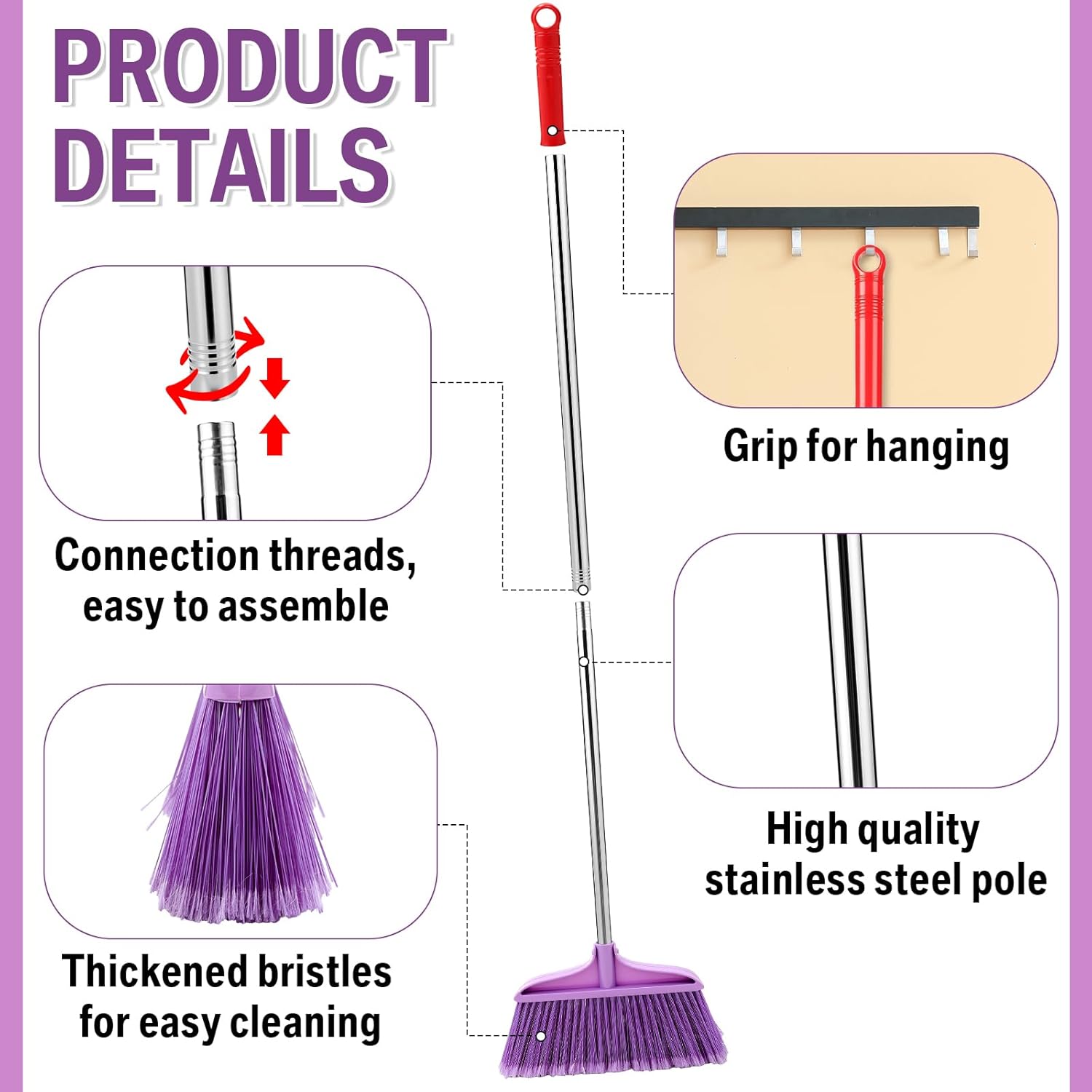 Lasnten Lasnten 8 Pack Heavy Duty Broom for Indoor Outdoor 49 Inches Commercial Broom with Stainless Steel Detachable Long Handle Commercial Cleaning Tools for Home Garage Office Patio Floor, Purple