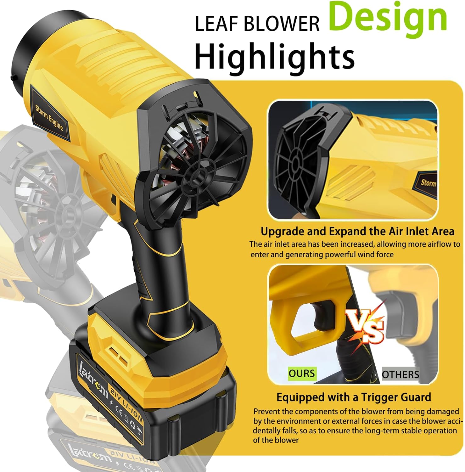Leaf Blower Cordless with Battery and Charger 1000,000 RPM Handheld Lightweight Patio Cleaning Blower Set Extended Nozzle Design Blowing Leaves and Dust Car Dryer (Yellow) - Image 7