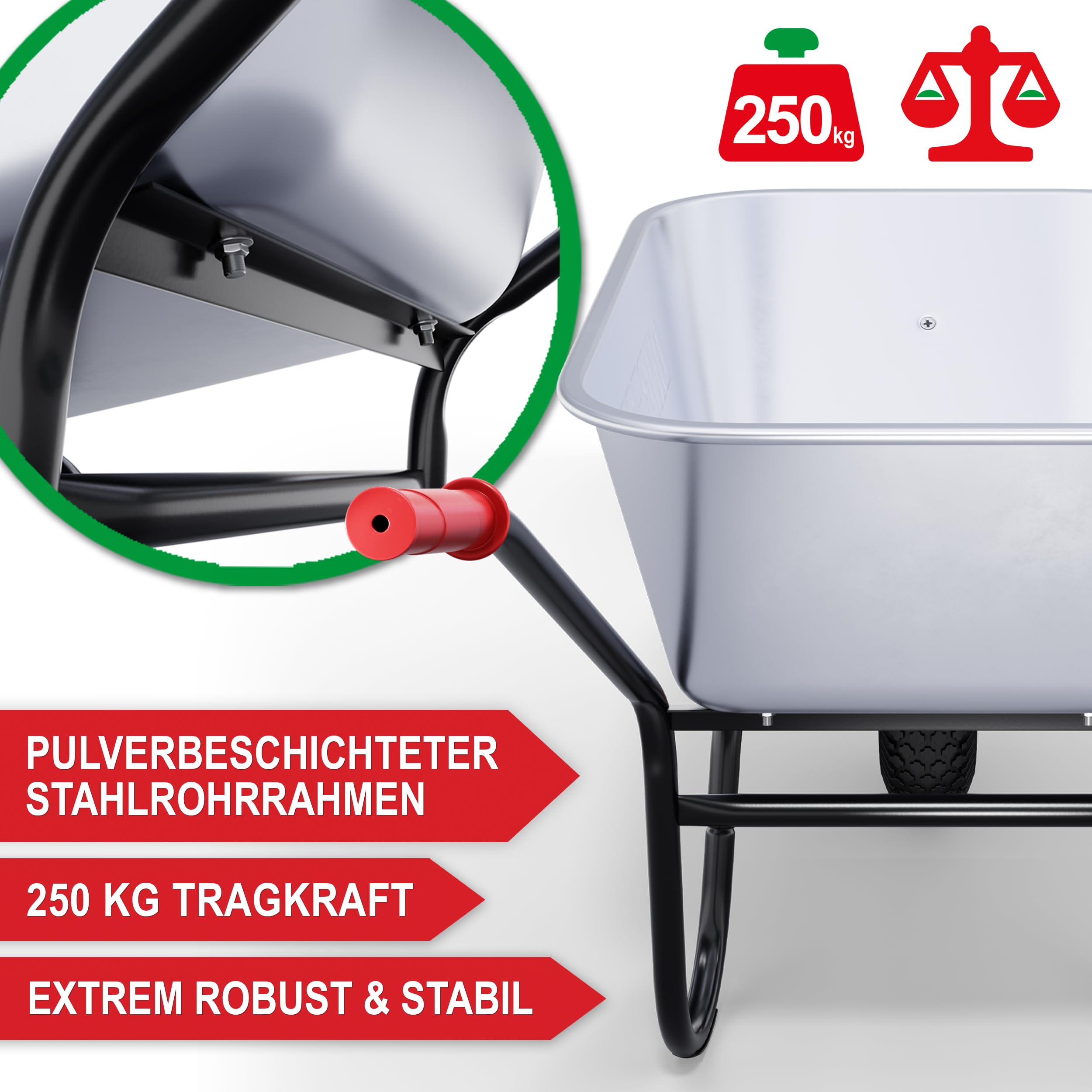 ONBEST Schubkarre mit 100 Liter vollverzinkt Silber – 250 kg Tragkraft – Luftreifen auf Stahlfelge – pulverbeschichteter Stahlrahmen schwarz – Bauschubkarre Gartenkarre – Plus Gartenabfallsack groß