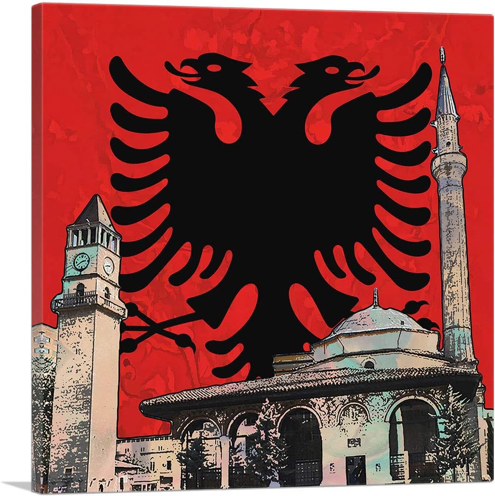 ARTCANVAS Et'hem Bey Mosque Clock Tower with Albanian Two-Headed Eagle Crest Canvas Art Print Stretched Framed Painting Picture Poster Giclee Wall Decor - 12" x 12" (0.75" Deep)