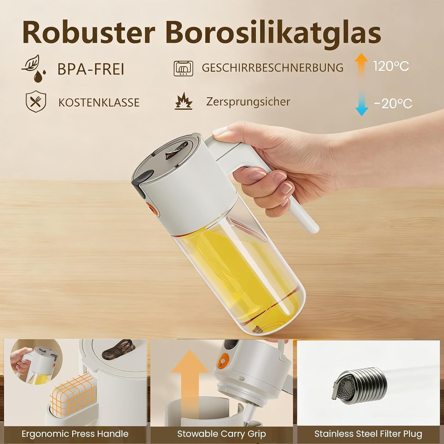 Rociador de Aceite para Cocinar Aceitera Pulverizador Vidrio Dispensador de Aceite de Oliva Cocina Hogar, Blanco Roto