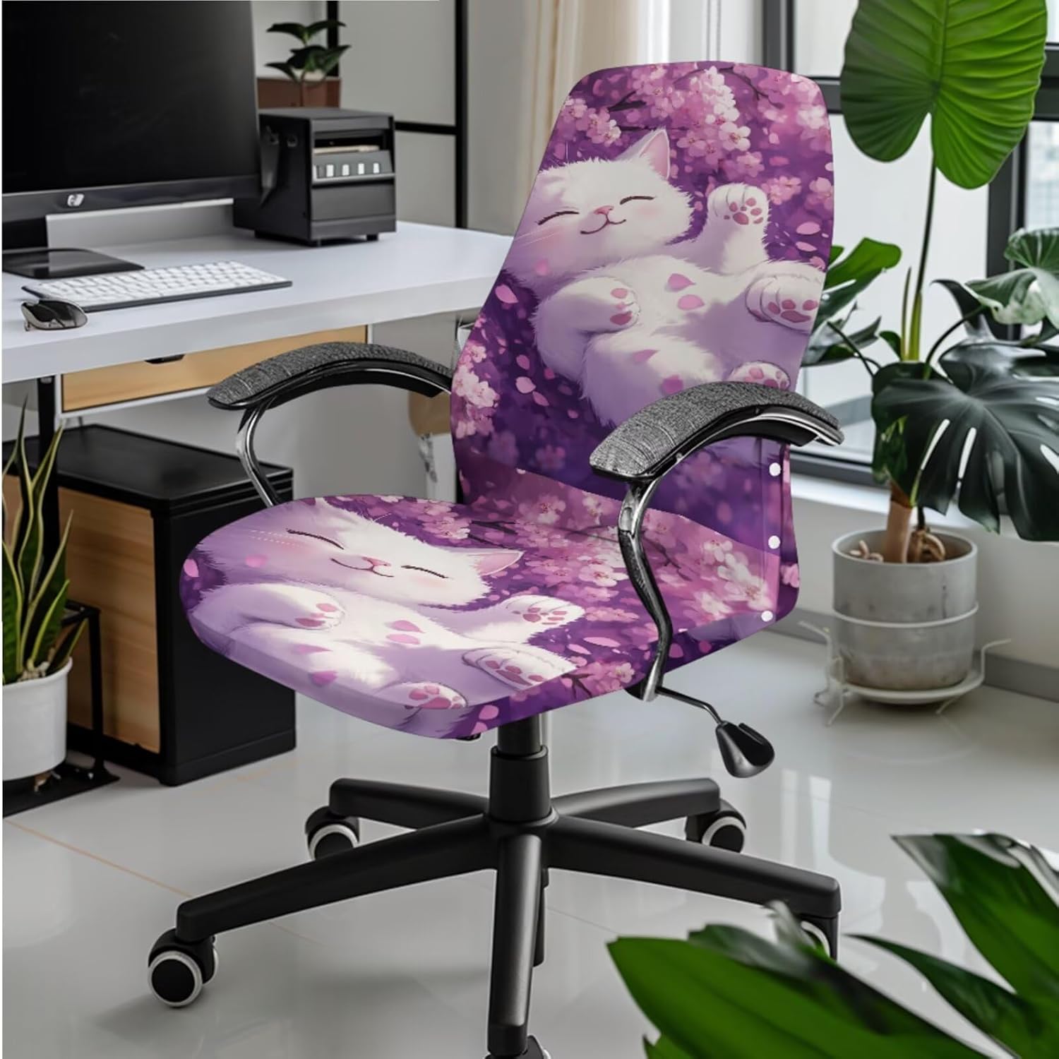 3 Pcs Office Chair Cover with Arm Rest Cover Stretchable Cat Cherry Blossom Rotating Chair Seat Cover Universal Executive Chair Slipcover Large