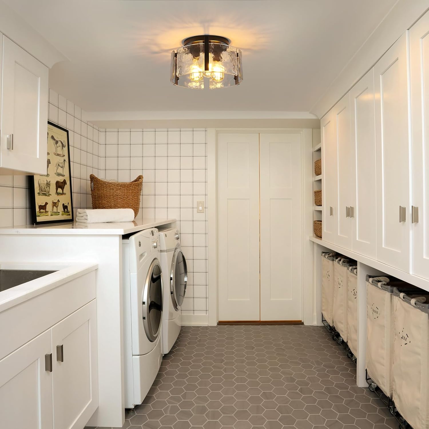 Black Semi Flush Mount Ceiling Light Fixture, 14-Inch Glass Drum Flush Mount Light Farmhouse Modern Lights Kitchen Lighting Fixtures for Foyer Entryway Hallway Laundry Room Bedroom Bathroom