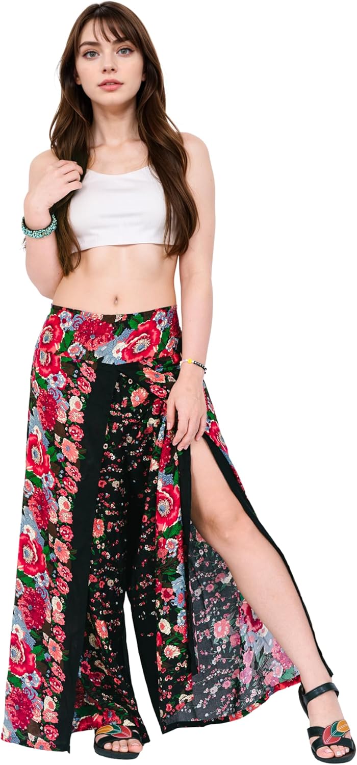 Wrap Pants for Women – Bohemian Elephant Split Leg Harem Pants High Waist Lightweight Palazzo Hippie Festival Lounge Trousers