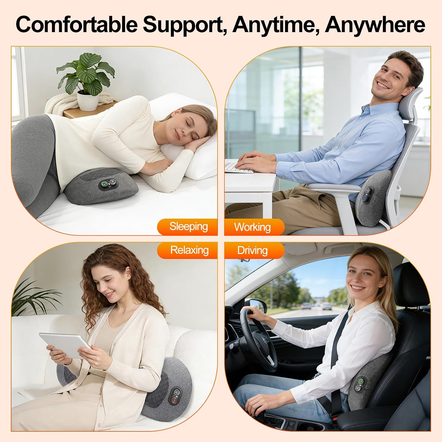 Portable 3-in-1 Electric Lumbar Support Pillow with Heat, Vibration & Traction – Back Massager for Pain Relief & Deep Tissue, Smooth Spine Triple Fusion Back Massager for Bed, Chair, Rechargeable