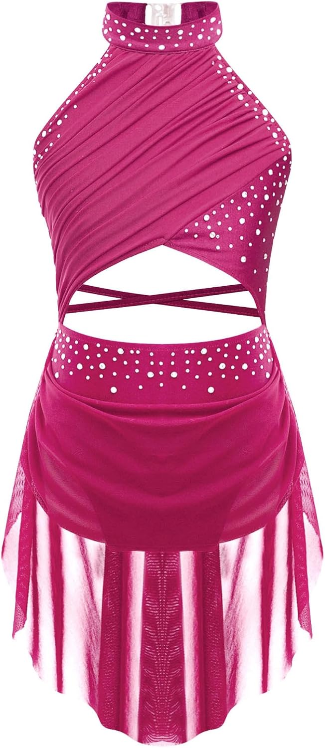 Girls Lyrical Dance Costume Glittery Rhinestone Cutout Strappy Backless Mesh Overlay Leotard Dress Dancewear