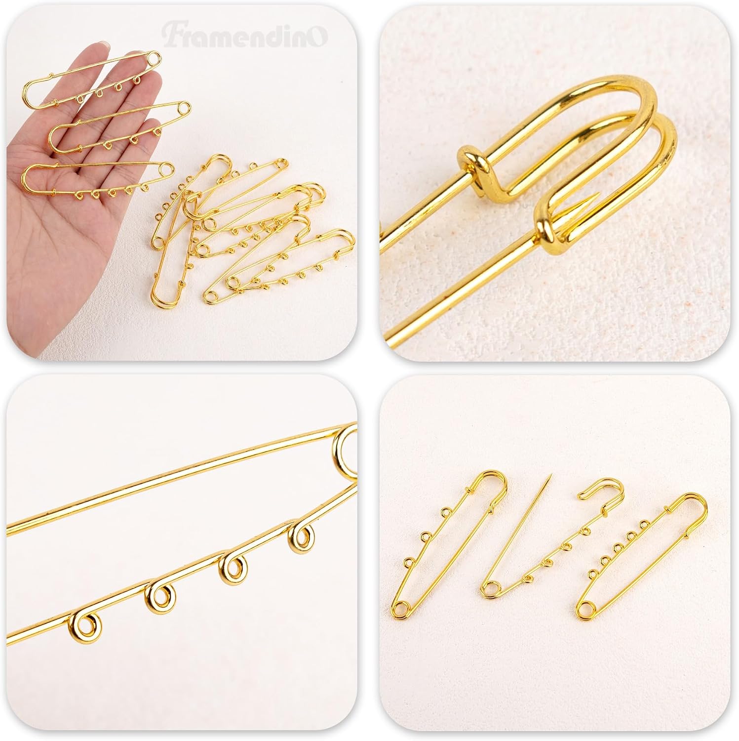 Framendino, 45 Pack Gold Large Safety Pins Brooch Heavy Duty Pin with 3 & 4 5 Loops for DIY Crafts Sewing Clothes Blankets