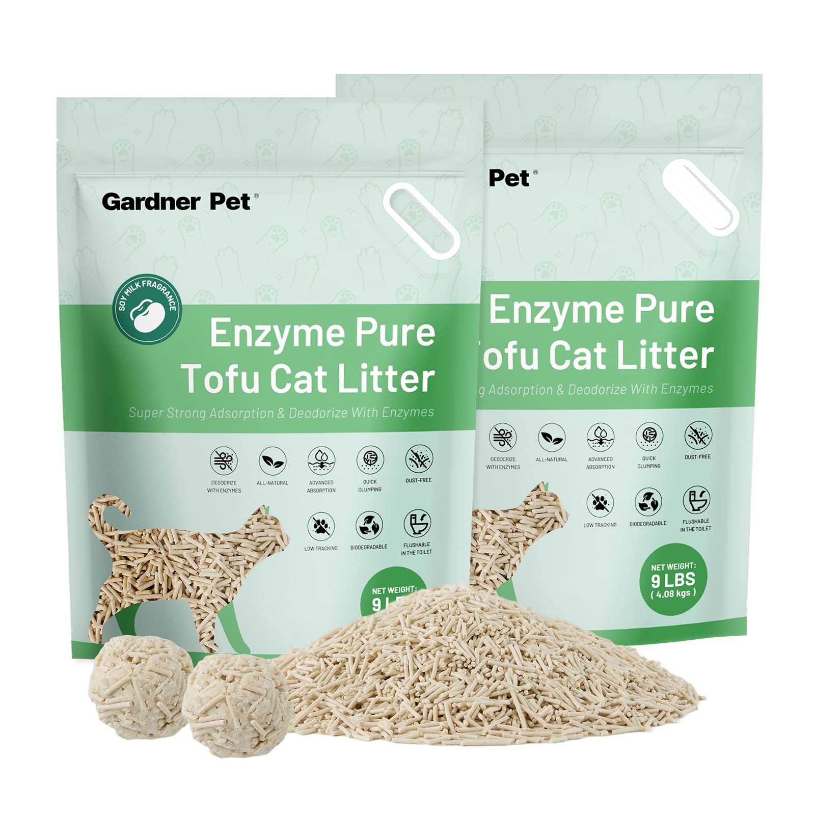 Gardner Pet Lettiera per Gatti di Tofu con Enzimi, Lettiera per Gatti Agglomerante Scaricabile nel WC, Bassa Polvere, Controllo dell'Odore,Naturale a Base Vegetale con Rapido Assorbimento, 9L x 2