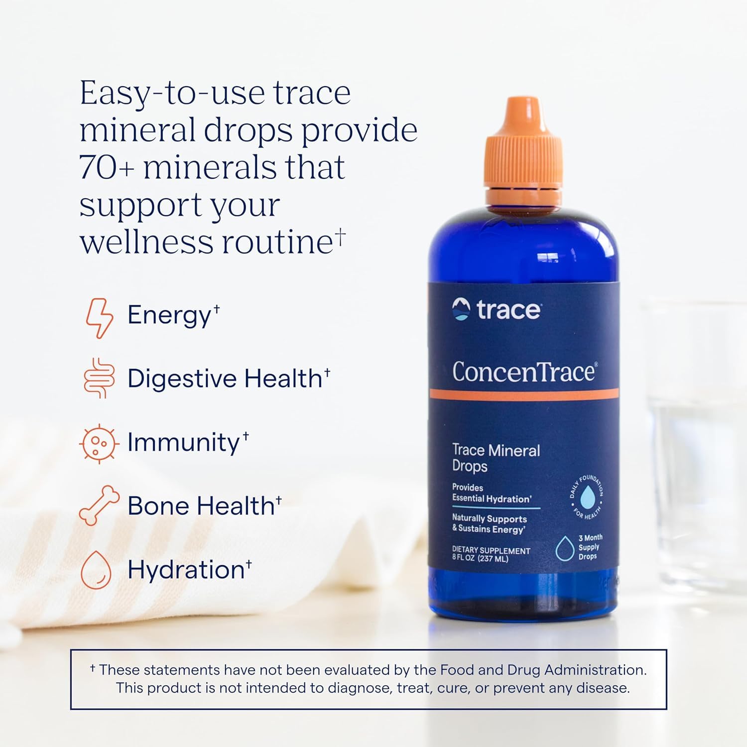 Trace Minerals ConcenTrace Électrolytes & Oligo-Éléments | 237 ml | Magnésium Liquide & Potassium | 70+ Minéraux Ioniques | Hydratation, Énergie & Digestion | Végan | 96 Jours