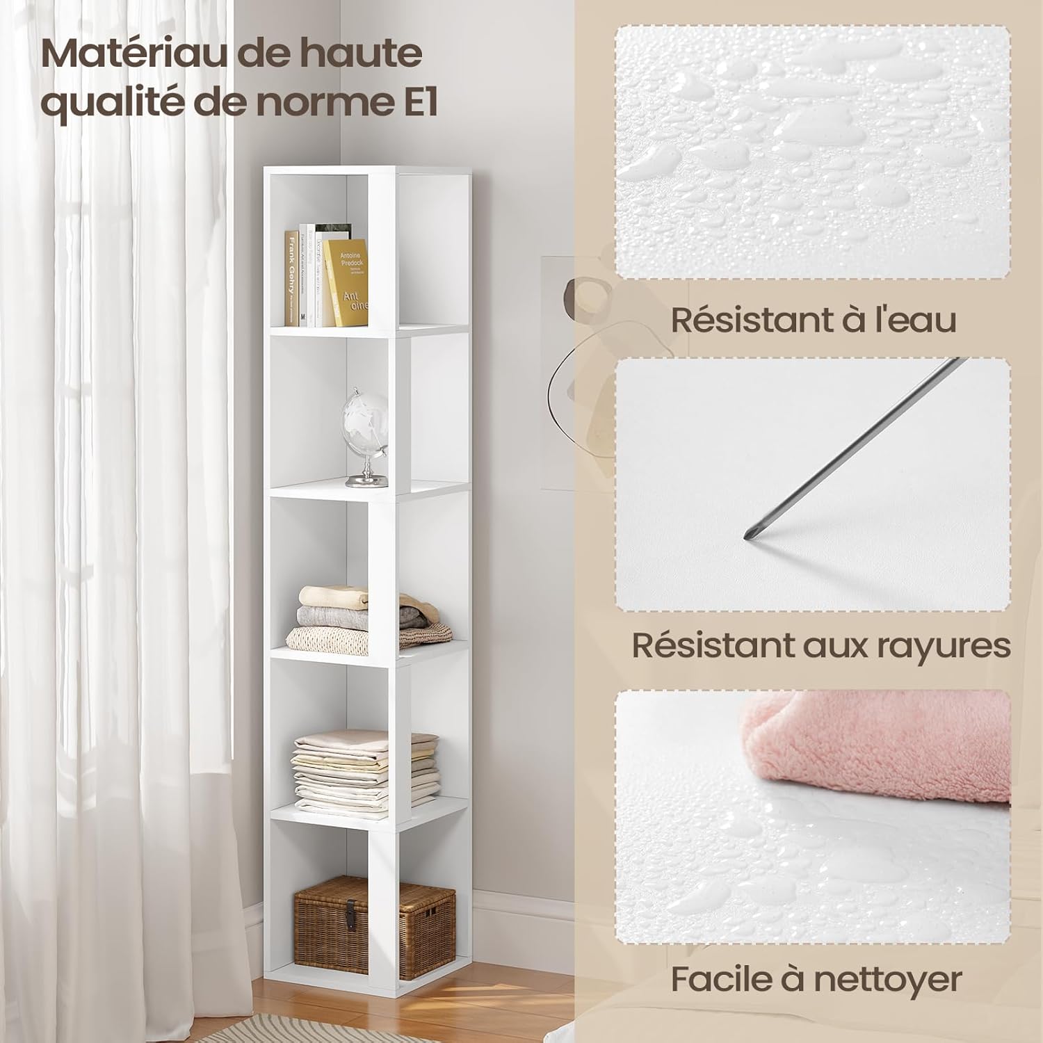 Image showing the material quality of the eSituro shelf: water-resistant, scratch-resistant, and easy to clean.