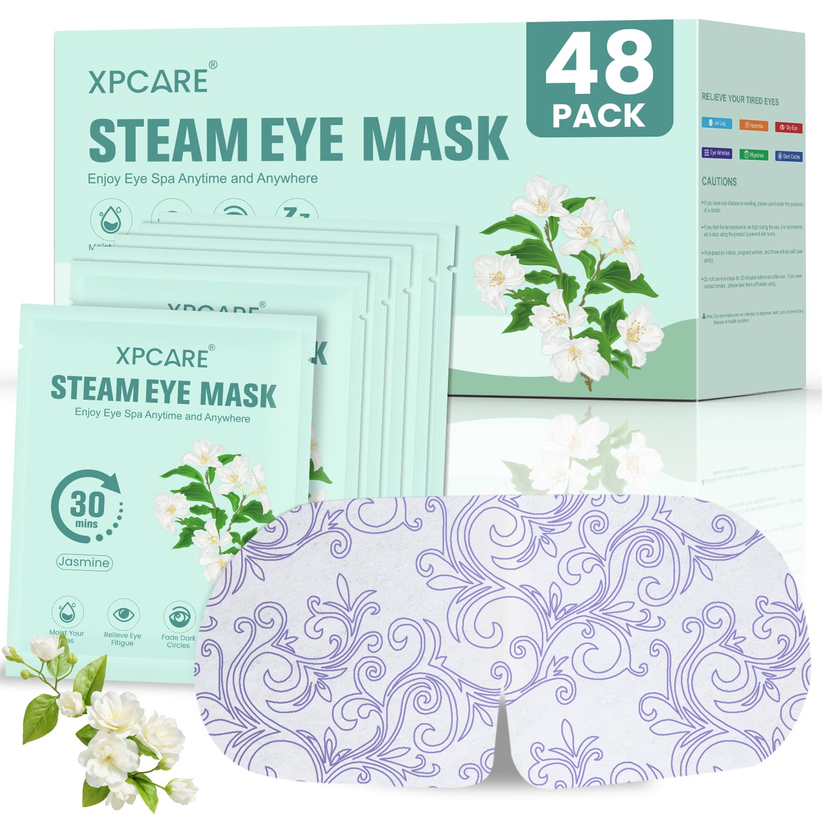 XPCARE 48 Pack Steam Eye Mask Disposable for Dry Eyes Cornea Care (Jasmine) | Steam Eye Mask Cornea Care Rest Self Heating Eye Mask Self Heated Steam Warm Eye Mask Disposable Heated Eye Mask