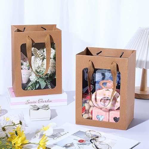 Miniatura 5 de Zhehao 24 bolsas de regalo marrones con ventana transparente de 9.8 x 7.1 x 5.1 pulgadas, bolsas de compras de papel kraft a granel con asas para