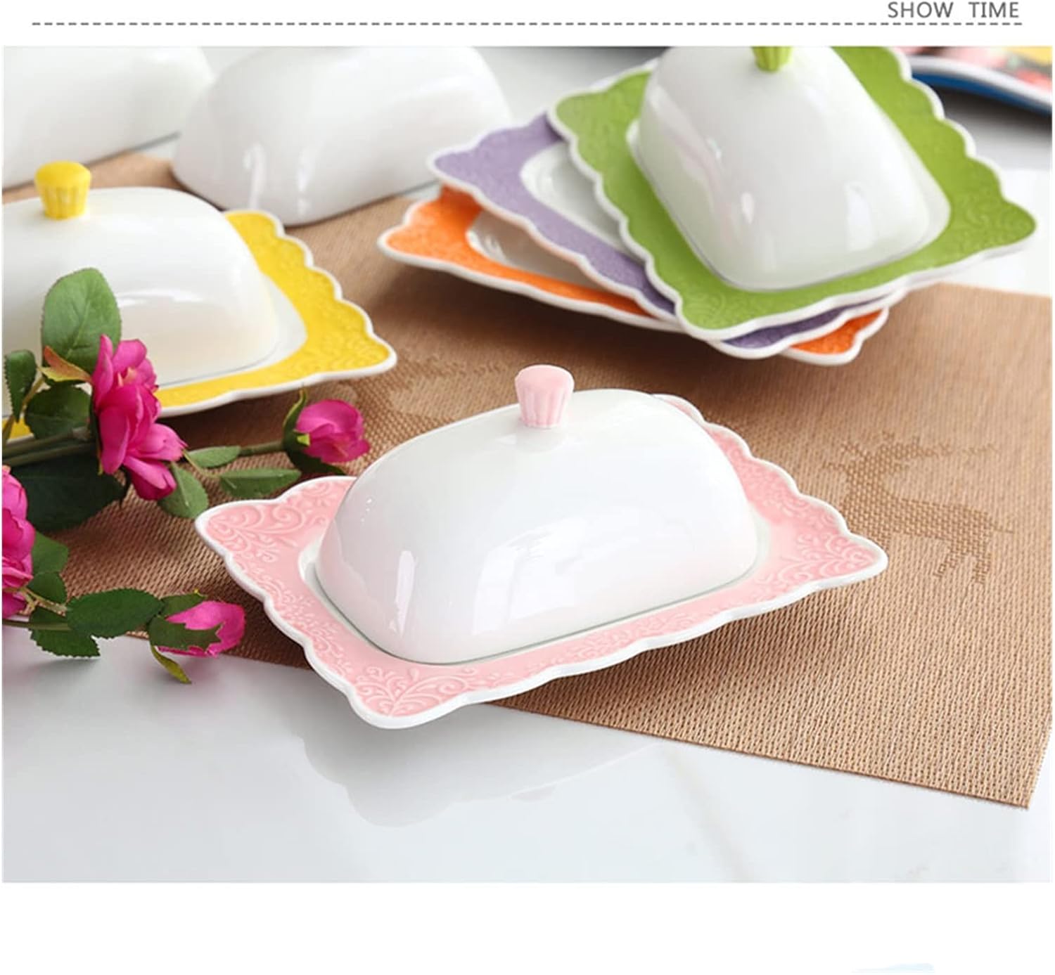 Butter Dishes Embossed White Ceramic Butter Dish with Cover Ceramic Ceramic Porcelain Perfect for Butter Butter Container (Color : Purple Plate Size : 7 Inches)