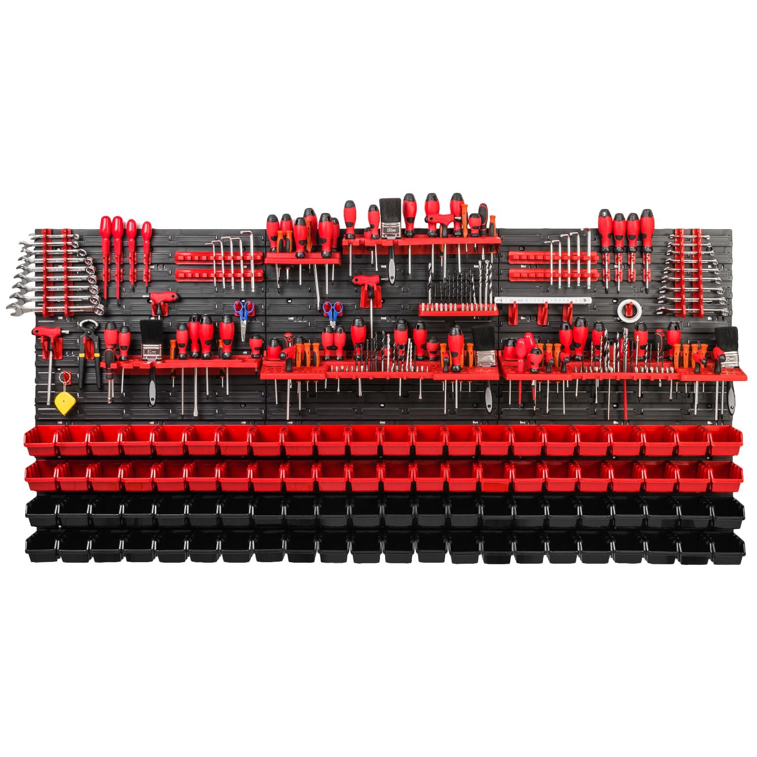 B2c Red Wall Mounted Tool Peg Board Set Garage Storage Bins Workshop Rack Shed Organiser 50 Models Various Shapes And Layouts Small Medium Large (Model 47)
