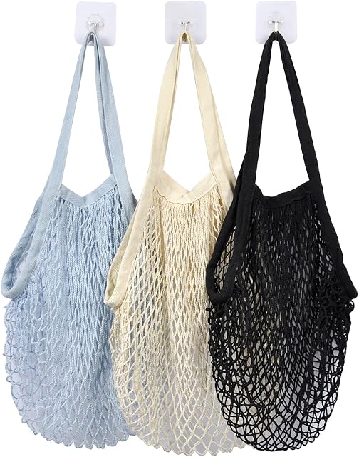 Pinuotu 3 Pack Reusable Grocery Mesh Bags, Portable and Washable Cotton String Shopping Bag with Long Handle, 100% Cotton Reusable Mesh Produce Net Tote Bags Set for Fruit Vegetable Storage (3 Color)