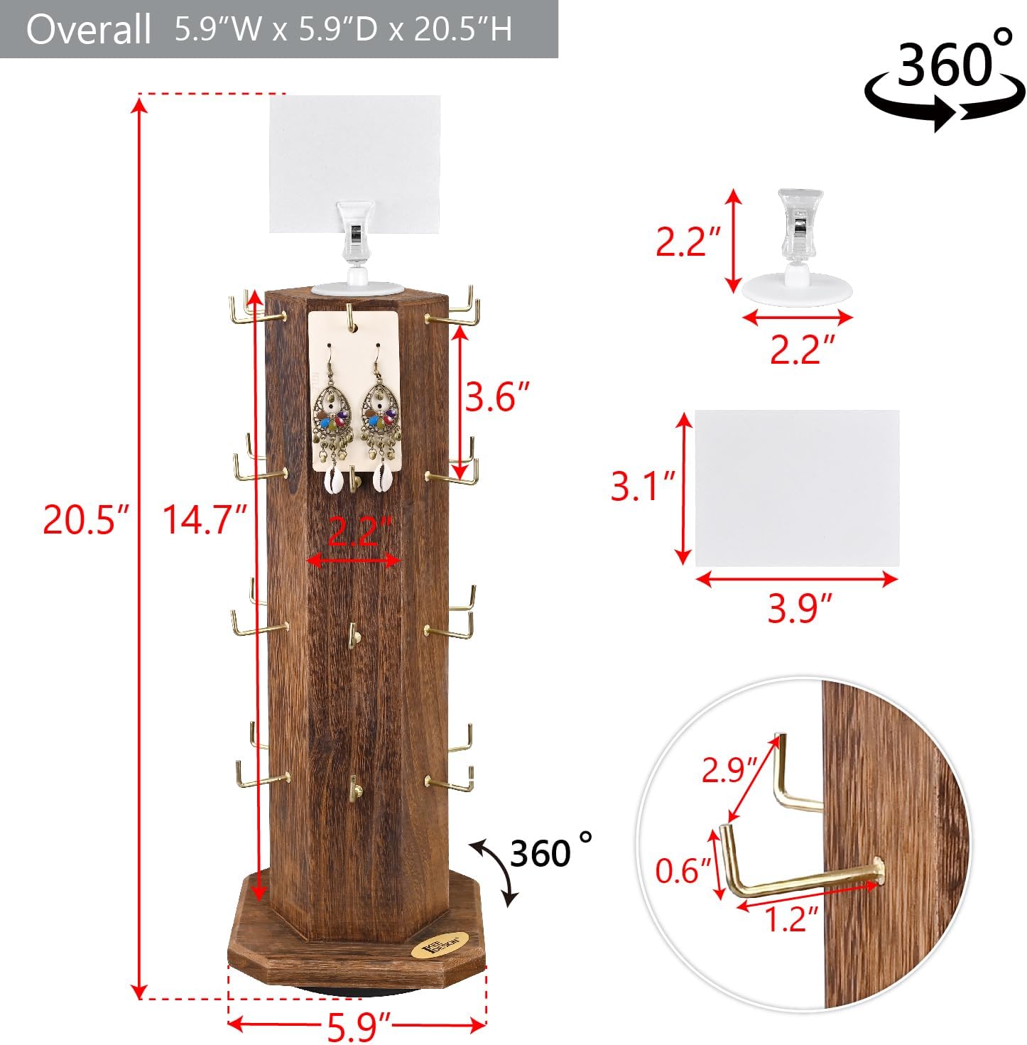 Ikee Design Free Assemble 24 Hooks Wood Hexagon 6 Sided Rotating Jewelry Display Stand Tower for Earrings,Bracelets, Keychain Earring Display Stand for Selling, Showcase, Brown Color