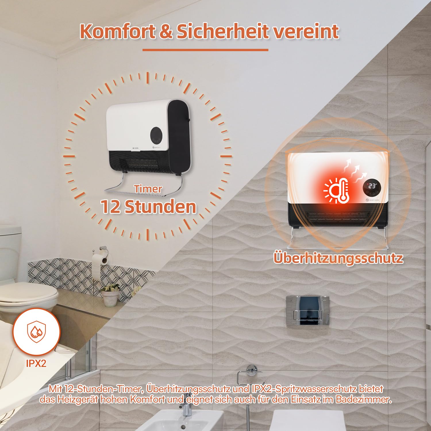 BE COOL Wand-Heizlüfter 2000 W mit PTC, ECO, Timer & Fernbedienung