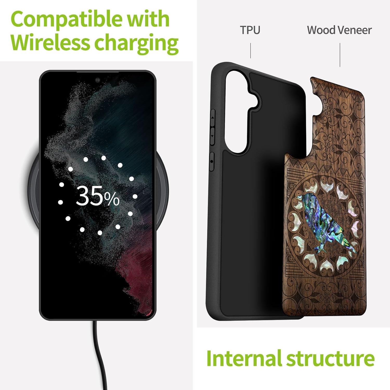Carveit Designer Wooden Case for Samsung Galaxy S24 FE Case [Wood Engraving & Shell Inlay] Compatible with Wireless Chargers S24 FE Cover (The Zentangle Crow-Walnut)