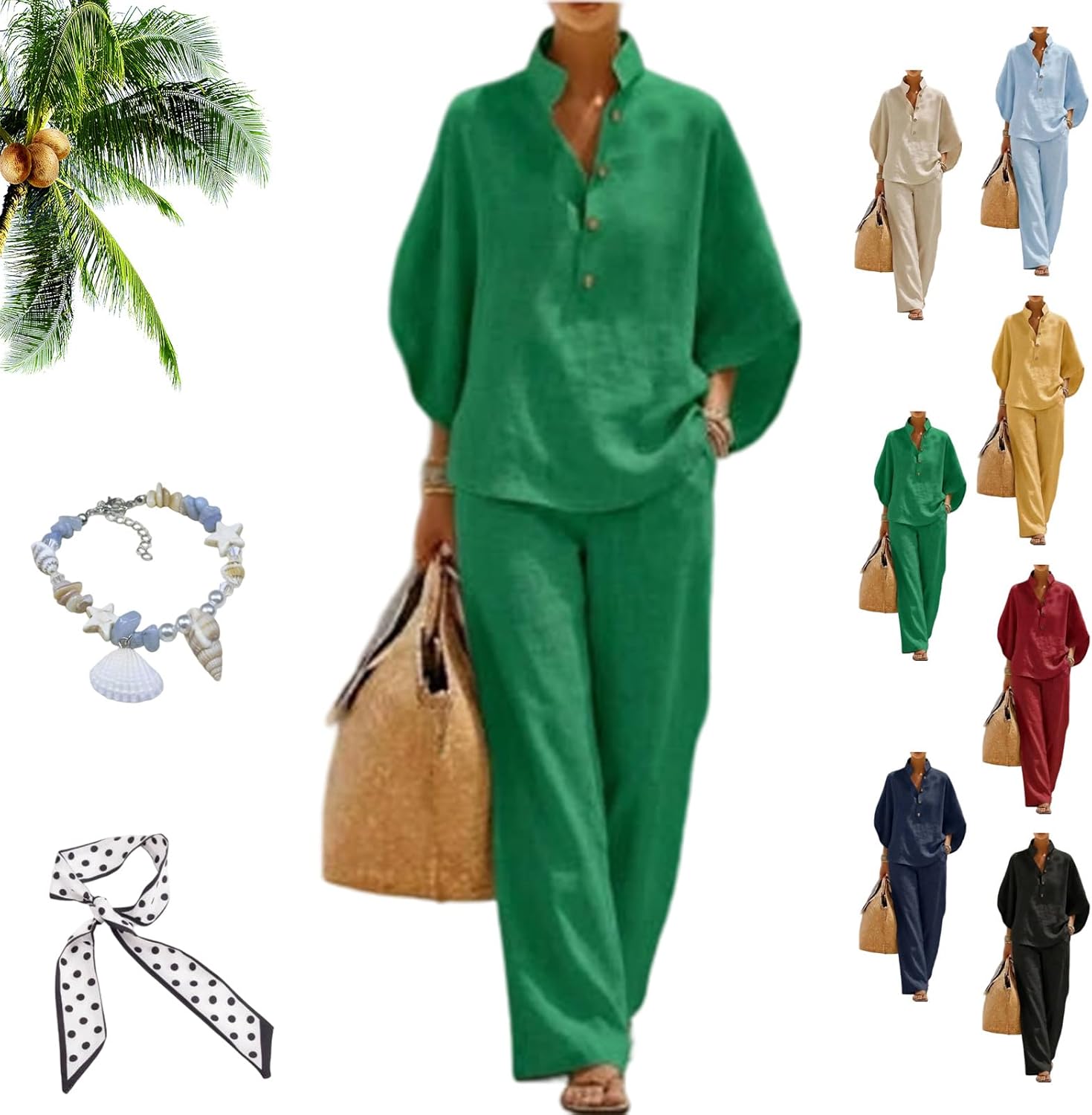 Women’s Batwing Sleeve Linen Cotton Two-Piece Set – Casual Shirt & Wide Leg Pants Outfit Linen Pants Women Set