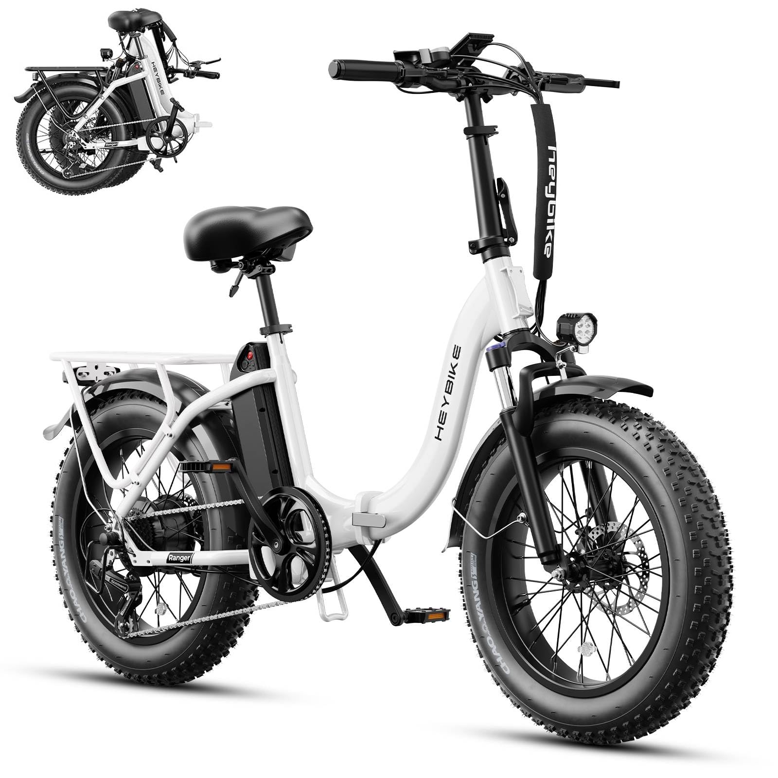 Heybike Ranger 2.0 Foldable Electric Bike for Adults, 20"×4 Fat Tire Ebike with 1400W Peak Motor, 28 MPH Max Speed, 600Wh Removable Battery, Up to 65 Miles Range, Front Suspension Step-Thru E Bike